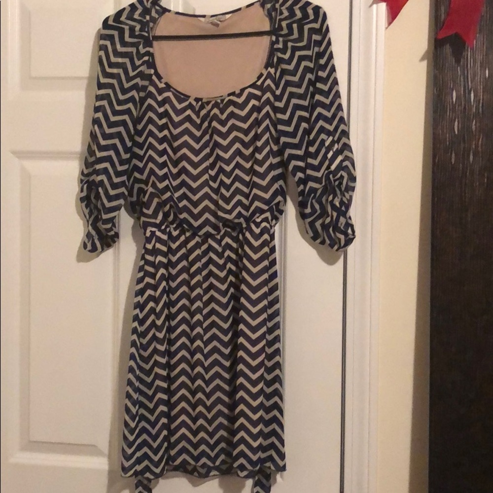 Blue & white printed mid length dress